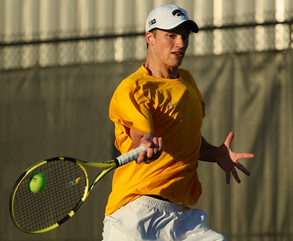 Iowa's Joe Tyler during his match again Michigan State at the Hawkeye Tennis and Recreation Complex in Iowa City on Friday, Apr. 19, 2019. (Stephen Mally/hawkeyesports.com)