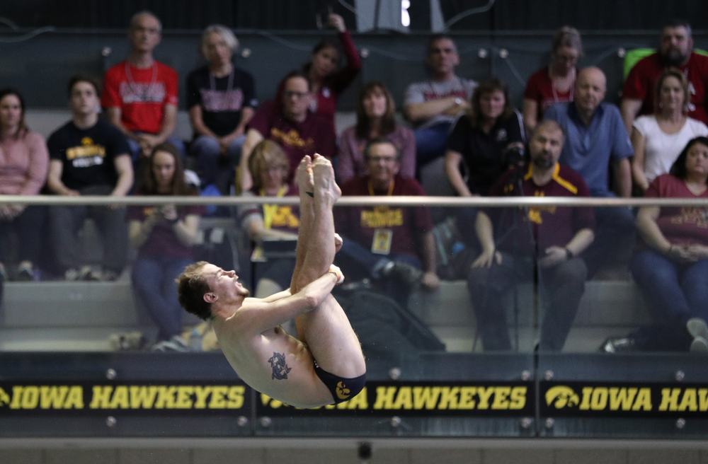 Iowa's Anton Hoherz competes on the 1-meter springboard during the 2019 Big Ten Swimming and Diving Championships Thursday, February 28, 2019 at the Campus Wellness and Recreation Center. (Brian Ray/hawkeyesports.com)