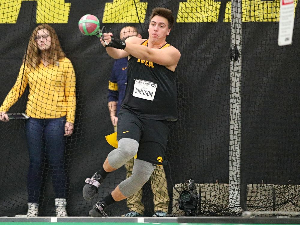 Iowa’s Jordan Johnson throws during the men’s weight throw event at the Hawkeye Tennis and Recreation Complex in Iowa City on Friday, January 31, 2020. (Stephen Mally/hawkeyesports.com)