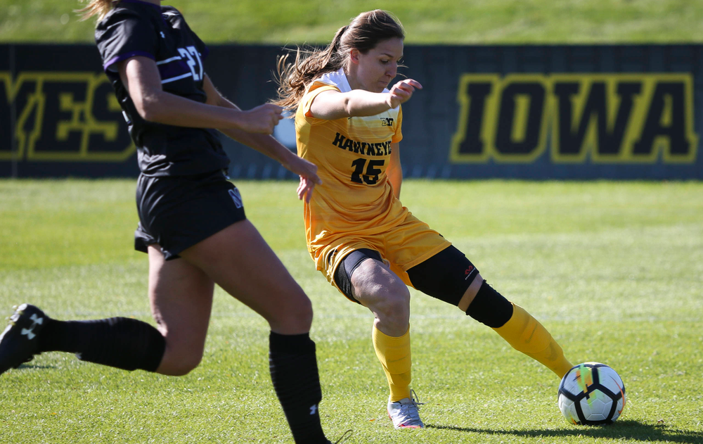 Iowa Hawkeyes forward Rose Ripslinger (15) dribbles the ball during a game against Northwestern at the Iowa Soccer Complex on October 21, 2018. (Tork Mason/hawkeyesports.com)