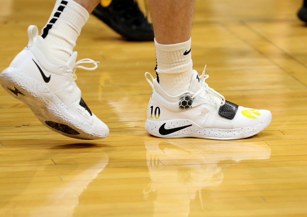 Iowa Hawkeyes guard Joe Wieskamp (10) sports custom painted shoes during practice at Hinkle Fieldhouse Wednesday, March 11, 2020 in Indianapolis. (Brian Ray/hawkeyesports.com)