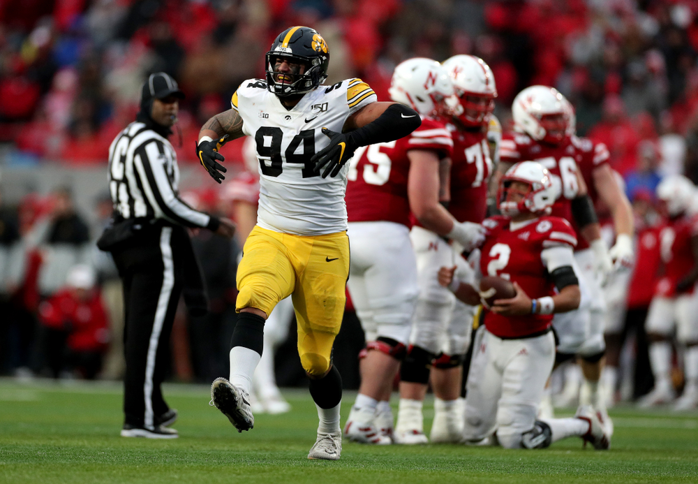 Iowa Hawkeyes defensive end A.J. Epenesa (94) against the Nebraska Cornhuskers Friday, November 29, 2019 at Memorial Stadium in Lincoln, Neb. (Brian Ray/hawkeyesports.com)