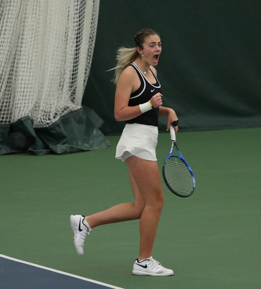 Iowa's Sophie Clark during a doubles match against North Texas Sunday, January 20, 2019 at the Hawkeye Tennis and Recreation Center. (Brian Ray/hawkeyesports.com)