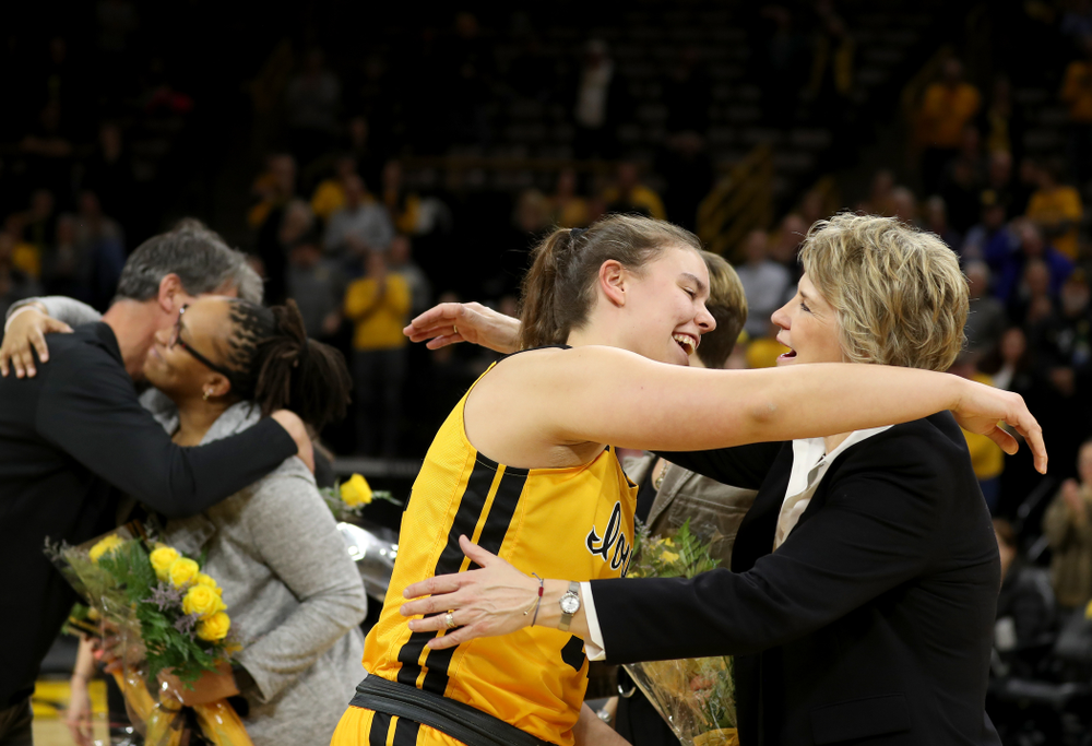 Iowa Hawkeyes forwar/center Paula Valiño Ramos (31) during senior day activities following their win over the Minnesota Golden Gophers Thursday, February 27, 2020 at Carver-Hawkeye Arena. (Brian Ray/hawkeyesports.com)