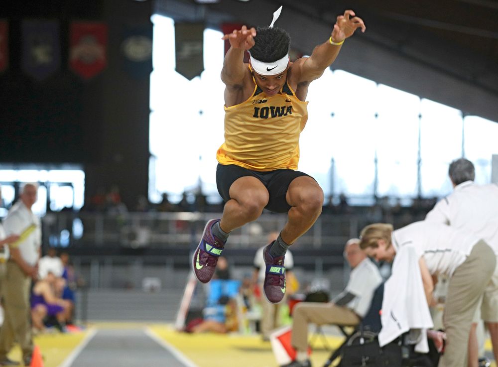 Iowa’s James Carter competes in the men’s triple jump event at the Black and Gold Invite at the Recreation Building in Iowa City on Saturday, February 1, 2020. (Stephen Mally/hawkeyesports.com)