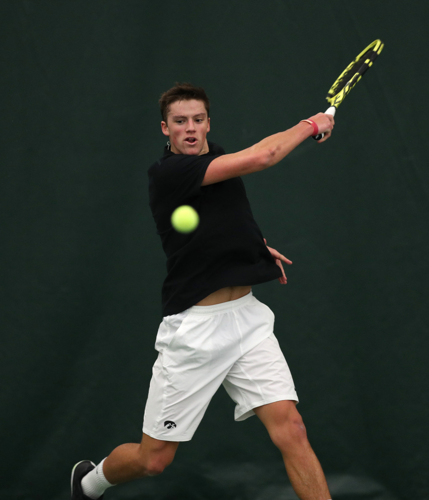 Joe Tyler against Utah Sunday, February 10, 2019 at the Hawkeye Tennis and Recreation Complex. (Brian Ray/hawkeyesports.com)
