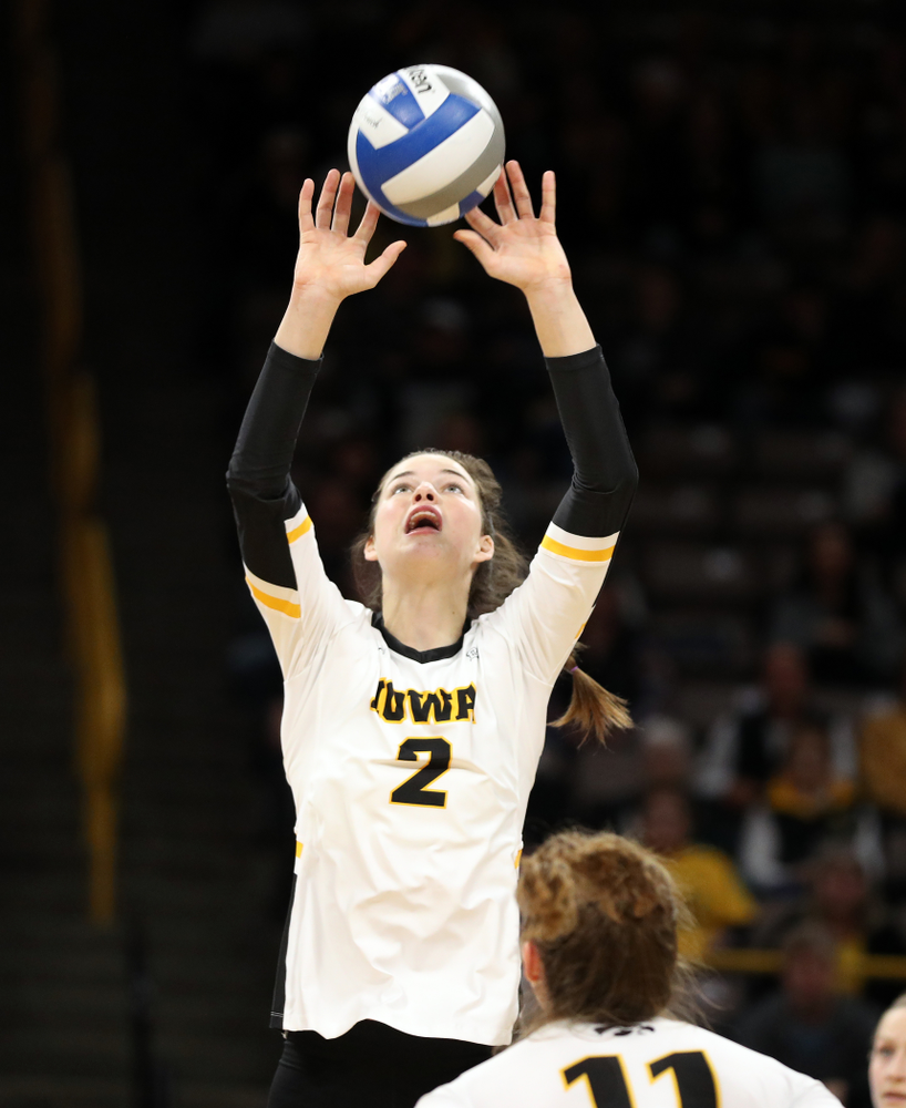 Iowa Hawkeyes setter Courtney Buzzerio (2) against Penn State Friday, November 1, 2019 at Carver Hawkeye Arena. (Brian Ray/hawkeyesports.com)