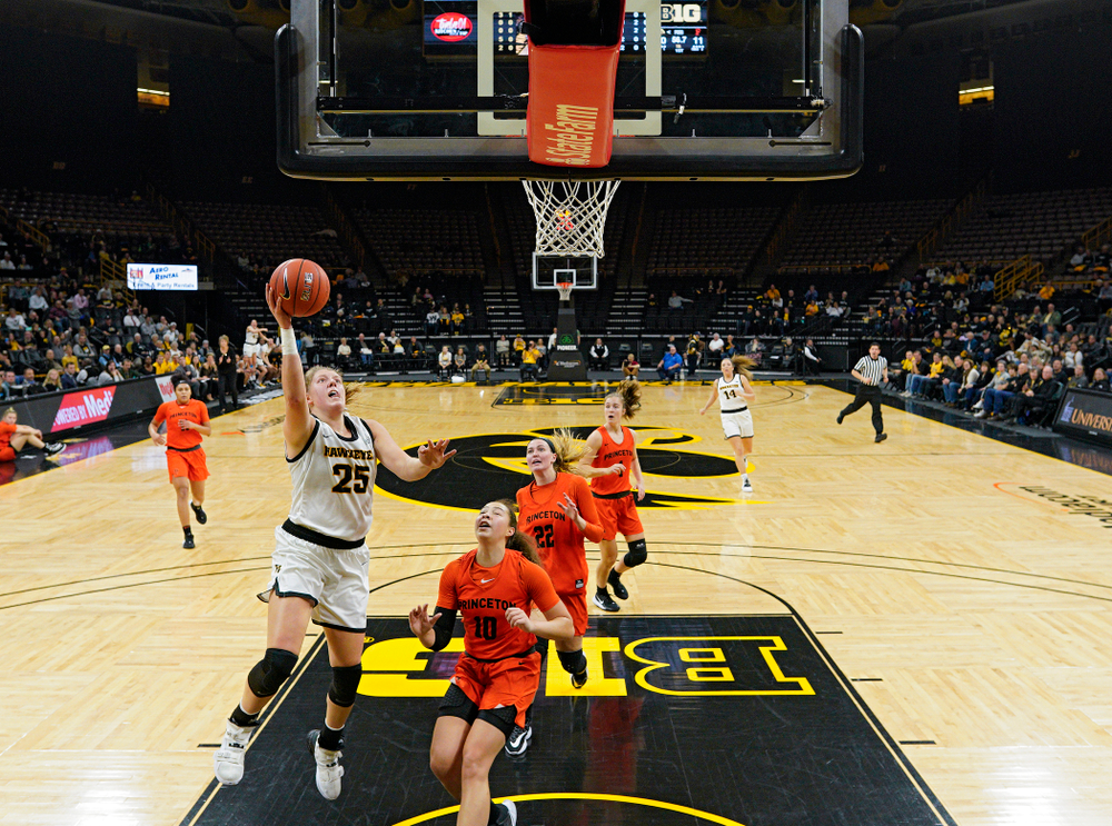 Iowa forward/center Monika Czinano (25) scores a basket during the first quarter of their overtime win against Princeton at Carver-Hawkeye Arena in Iowa City on Wednesday, Nov 20, 2019. (Stephen Mally/hawkeyesports.com)