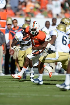 Wide receiver Allen Hums #1 catches a ball in a game against the Georgia Tech Yellow Jackets at Sun Life Stadium on October 5, 2013. Hurns lead the...