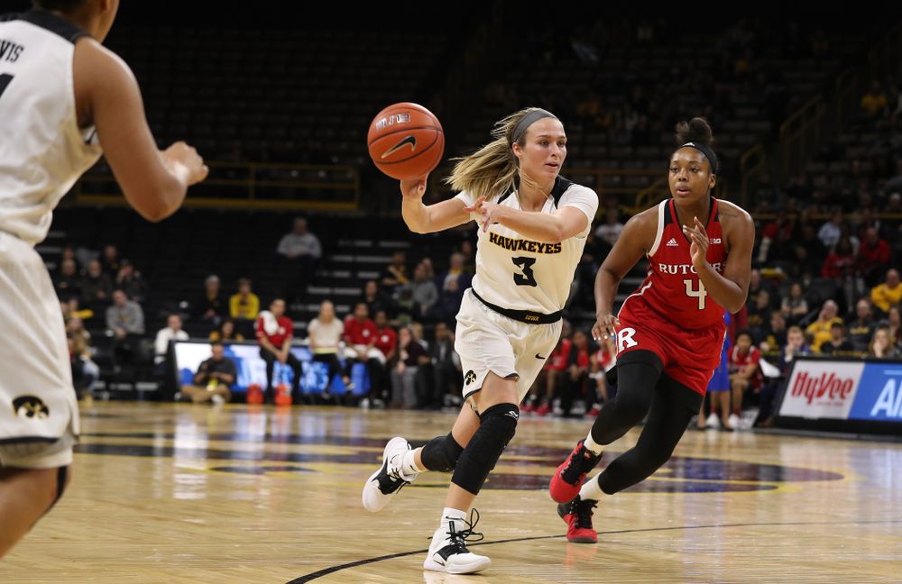 Iowa Hawkeyes guard Makenzie Meyer (3) against the Rutgers Scarlet Knights Wednesday, January 23, 2019 at Carver-Hawkeye Arena. (Brian Ray/hawkeyesports.com)