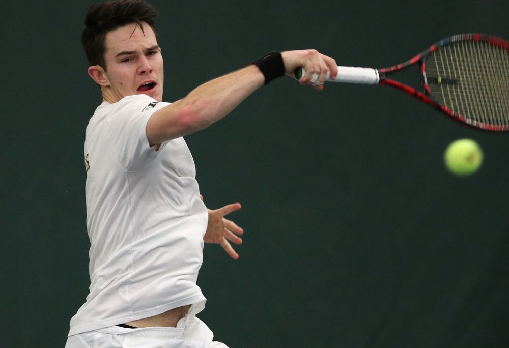 Iowa's Jonas Larsen against North Dakota Friday, January 25, 2019 at the Hawkeye Tennis and Recreation Complex. (Brian Ray/hawkeyesports.com)