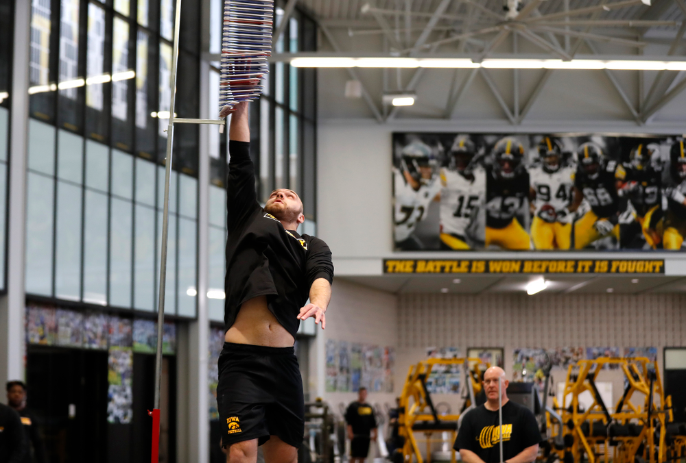 Iowa Hawkeyes linebacker Bo Bower (41) during the team's annual pro day Monday, March 26, 2018 at the Hansen Football Performance Center. (Brian Ray/hawkeyesports.com)