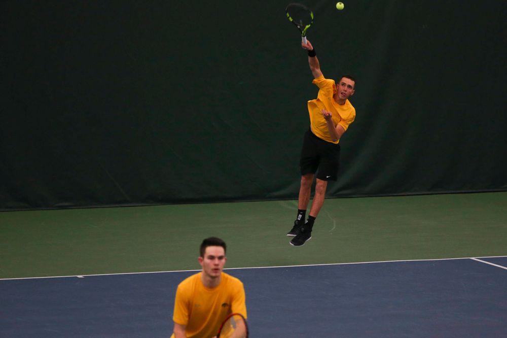 Iowa's Kareem Allaf at a tennis match vs Drake Friday, March 8, 2019 at the Hawkeye Tennis and Recreation Complex. (Lily Smith/hawkeyesports.com)