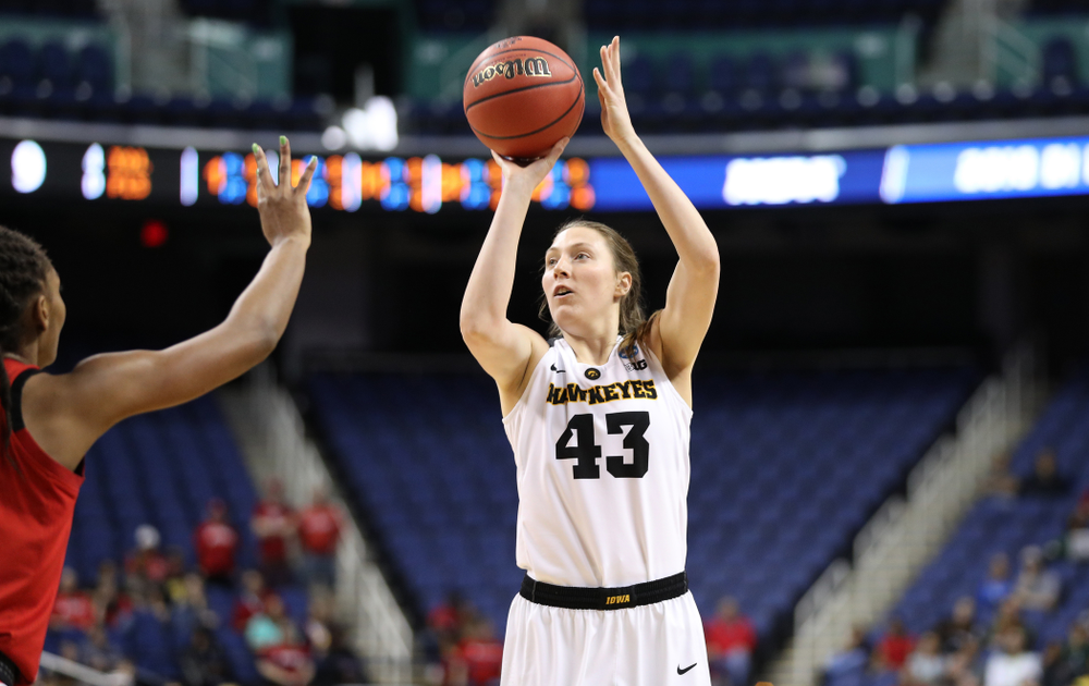 Iowa Hawkeyes forward Amanda Ollinger (43) against the NC State Wolfpack in the regional semi-final of the 2019 NCAA Women's College Basketball Tournament Saturday, March 30, 2019 at Greensboro Coliseum in Greensboro, NC.(Brian Ray/hawkeyesports.com)