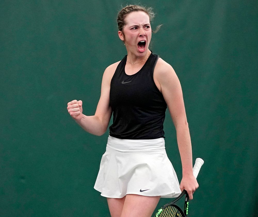 Iowa's Samantha Mannix celebrates a point during a match against Indiana at the Hawkeye Tennis and Recreation Complex in Iowa City on Sunday, Mar. 31, 2019. (Stephen Mally/hawkeyesports.com)