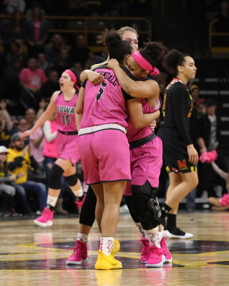 Iowa Hawkeyes guard Tania Davis (11) and guard Alexis Sevillian (5) against the seventh ranked Maryland Terrapins Sunday, February 17, 2019 at Carver-Hawkeye Arena. (Brian Ray/hawkeyesports.com)