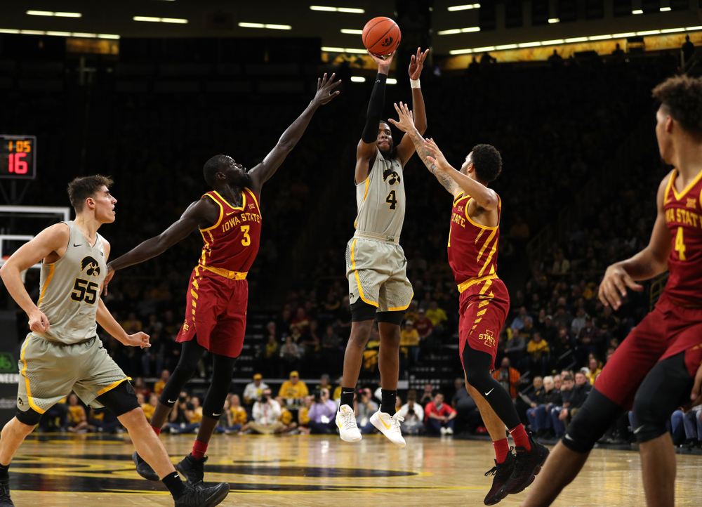Iowa Hawkeyes guard Isaiah Moss (4) against the Iowa State Cyclones in the Iowa Corn Cy-Hawk Series Thursday, December 6, 2018 at Carver-Hawkeye Arena. (Brian Ray/hawkeyesports.com)