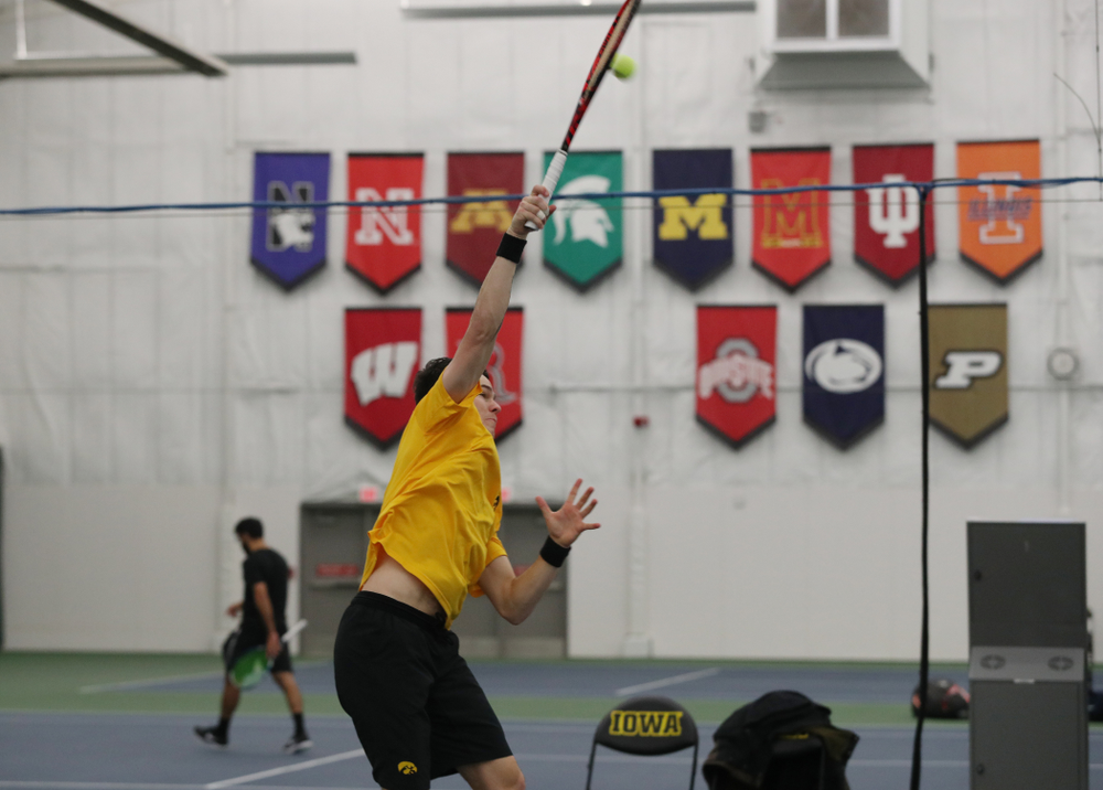 Jonas Larsen against the Butler Bulldogs Sunday, January 27, 2019 at the Hawkeye Tennis and Recreation Complex. (Brian Ray/hawkeyesports.com)