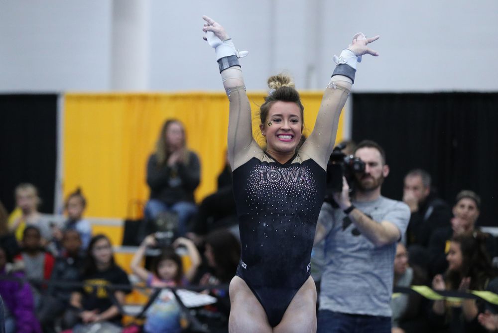 Madison Kampschroeder competes on the bars during the Black and Gold intrasquad meet Saturday, December 1, 2018 at the University of Iowa Field House. (Brian Ray/hawkeyesports.com)