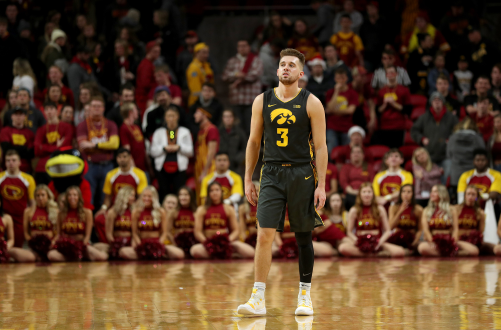 Iowa Hawkeyes guard Jordan Bohannon (3) against the Iowa State Cyclones Thursday, December 12, 2019 at Hilton Coliseum in Ames, Iowa(Brian Ray/hawkeyesports.com)