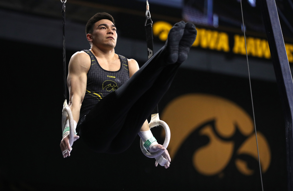 Iowa's Brandon Wong competes on the rings against Oklahoma Saturday, February 9, 2019 at Carver-Hawkeye Arena. (Brian Ray/hawkeyesports.com)