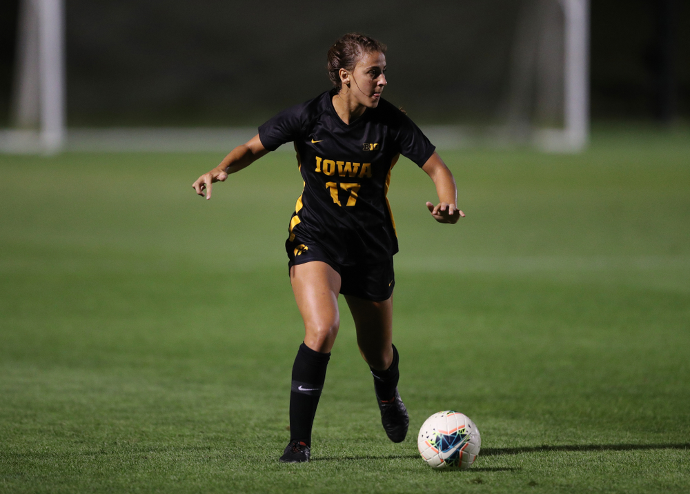 Iowa Hawkeyes defender Hannah Drkulec (17) during a 2-1 victory over the Iowa State Cyclones Thursday, August 29, 2019 in the Iowa Corn Cy-Hawk series at the Iowa Soccer Complex. (Brian Ray/hawkeyesports.com)