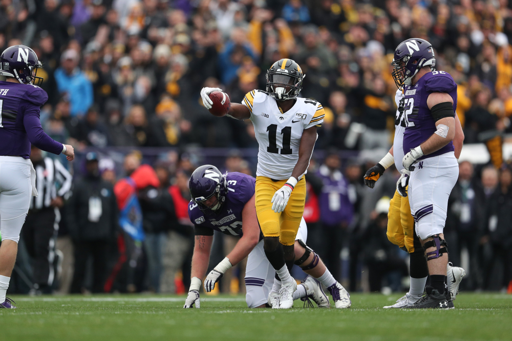 Iowa Hawkeyes defensive back Michael Ojemudia (11) against the Northwestern Wildcats Saturday, October 26, 2019 at Ryan Field in Evanston, Ill. (Brian Ray/hawkeyesports.com)