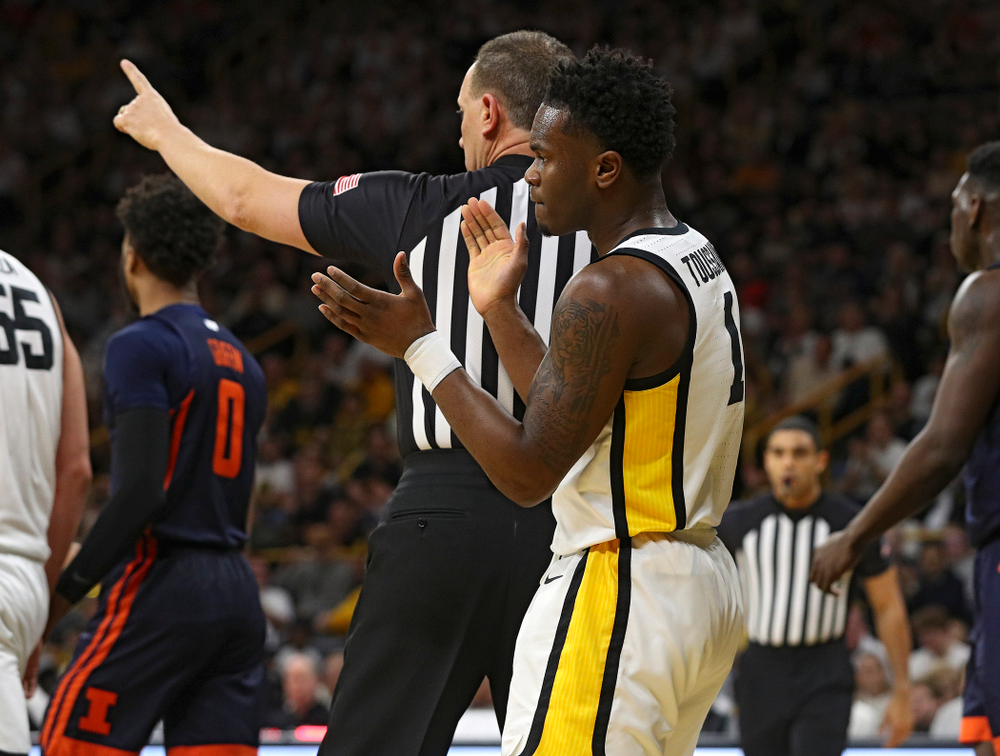 Iowa Hawkeyes guard Joe Toussaint (1) claps after getting his hands on a tied ball for a turnover during the first quarter of the game at Carver-Hawkeye Arena in Iowa City on Sunday, February 2, 2020. (Stephen Mally/hawkeyesports.com)