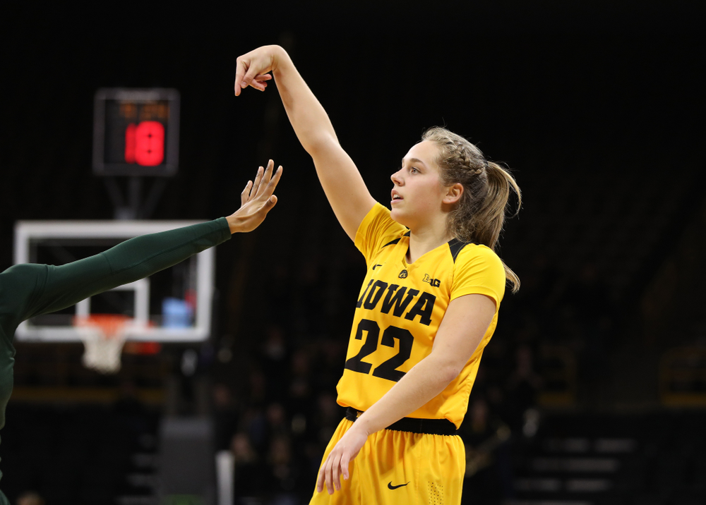 Iowa Hawkeyes guard Kathleen Doyle (22) against the Michigan State Spartans Thursday, February 7, 2019 at Carver-Hawkeye Arena. (Brian Ray/hawkeyesports.com)