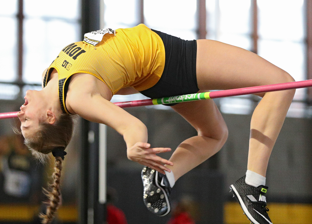 Iowa’s Kelli DeGeorge competes in the women’s high jump event during the Hawkeye Invitational at the Recreation Building in Iowa City on Saturday, January 11, 2020. (Stephen Mally/hawkeyesports.com)