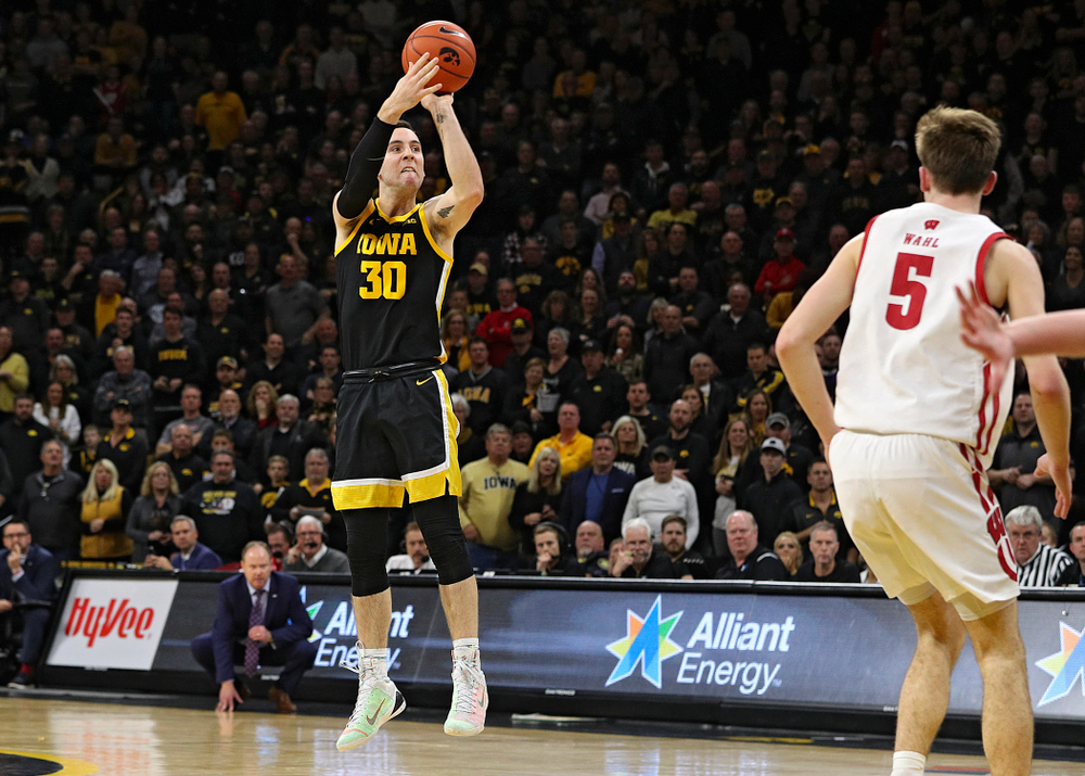 Iowa Hawkeyes guard Connor McCaffery (30) puts up a shot during the second half of their game at Carver-Hawkeye Arena in Iowa City on Monday, January 27, 2020. (Stephen Mally/hawkeyesports.com)