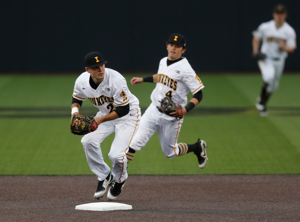 Iowa Hawkeyes infielder Kyle Crowl (23) against Coe College Wednesday, April 11, 2018 at Duane Banks Field. (Brian Ray/hawkeyesports.com)