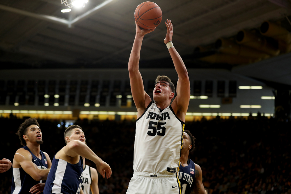 Iowa Hawkeyes forward Luka Garza (55) against Penn State Saturday, February 29, 2020 at Carver-Hawkeye Arena. (Brian Ray/hawkeyesports.com)