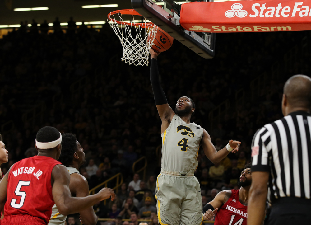 Iowa Hawkeyes guard Isaiah Moss (4) against the Nebraska Cornhuskers Sunday, January 6, 2019 at Carver-Hawkeye Arena. (Brian Ray/hawkeyesports.com)