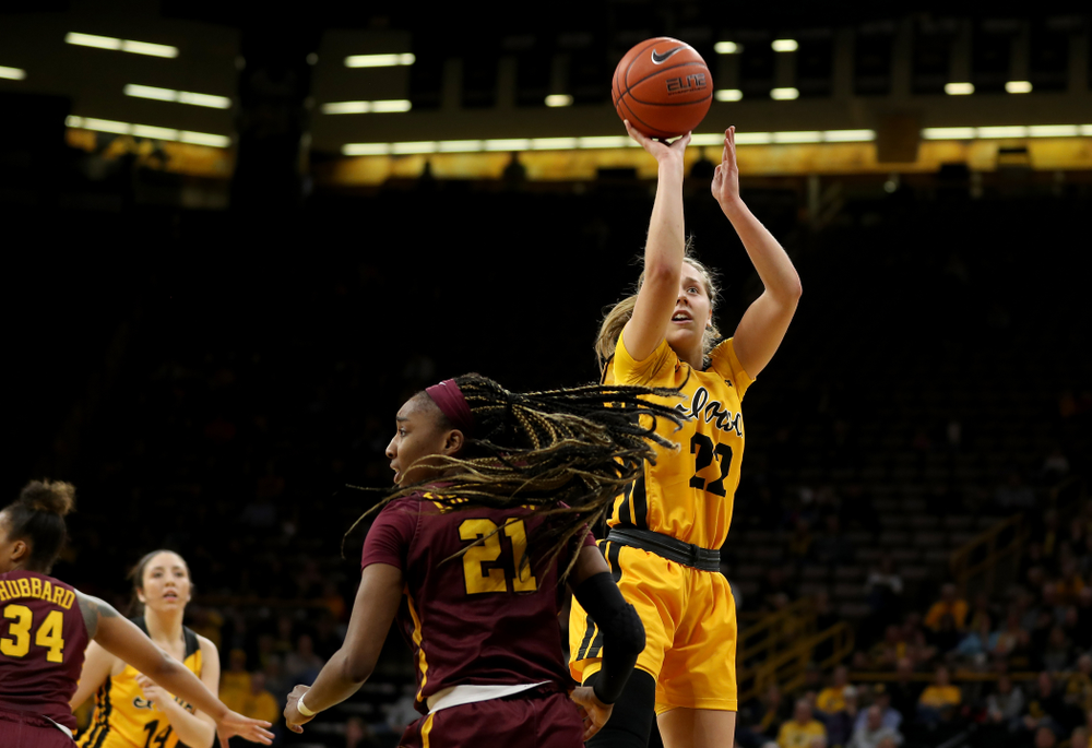 Iowa Hawkeyes guard Kathleen Doyle (22) against the Minnesota Golden Gophers Thursday, February 27, 2020 at Carver-Hawkeye Arena. (Brian Ray/hawkeyesports.com)