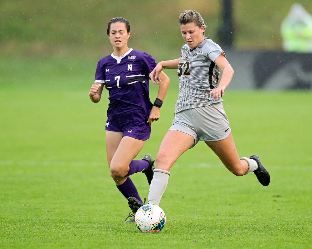 Iowa forward Gianna Gourley (32) passes the ball during the second half of their match at the Iowa Soccer Complex in Iowa City on Sunday, Sep 29, 2019. (Stephen Mally/hawkeyesports.com)