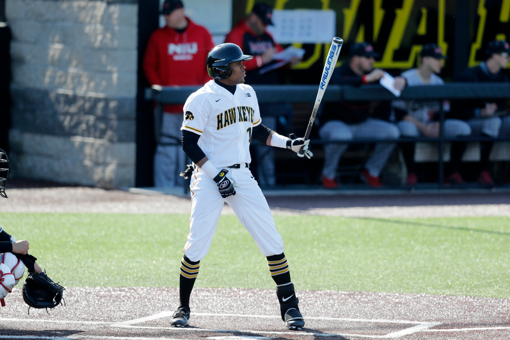 Iowa Hawkeyes third baseman Lorenzo Elion (1) against Northern Illinois Tuesday, April 17, 2018 at Duane Banks Field. (Brian Ray/hawkeyesports.com)