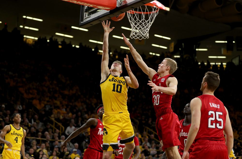 Iowa Hawkeyes guard Joe Wieskamp (10) against the Nebraska Cornhuskers Saturday, February 8, 2020 at Carver-Hawkeye Arena. (Brian Ray/hawkeyesports.com)