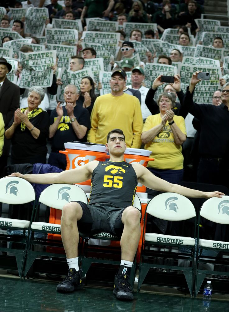 Iowa Hawkeyes forward Luka Garza (55) against Michigan State Tuesday, February 25, 2020 at the Breslin Center in East Lansing, MI. (Brian Ray/hawkeyesports.com)