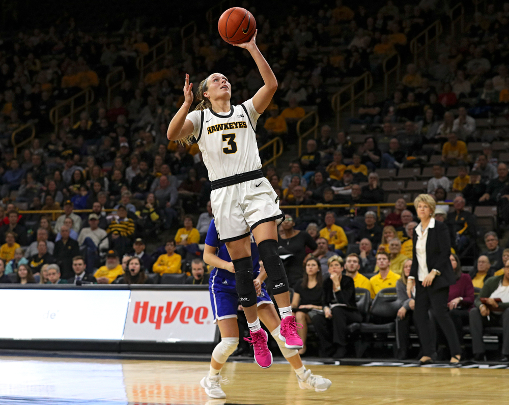 Iowa Hawkeyes guard Makenzie Meyer (3) scores a basket during the third quarter of their game at Carver-Hawkeye Arena in Iowa City on Saturday, December 21, 2019. (Stephen Mally/hawkeyesports.com)