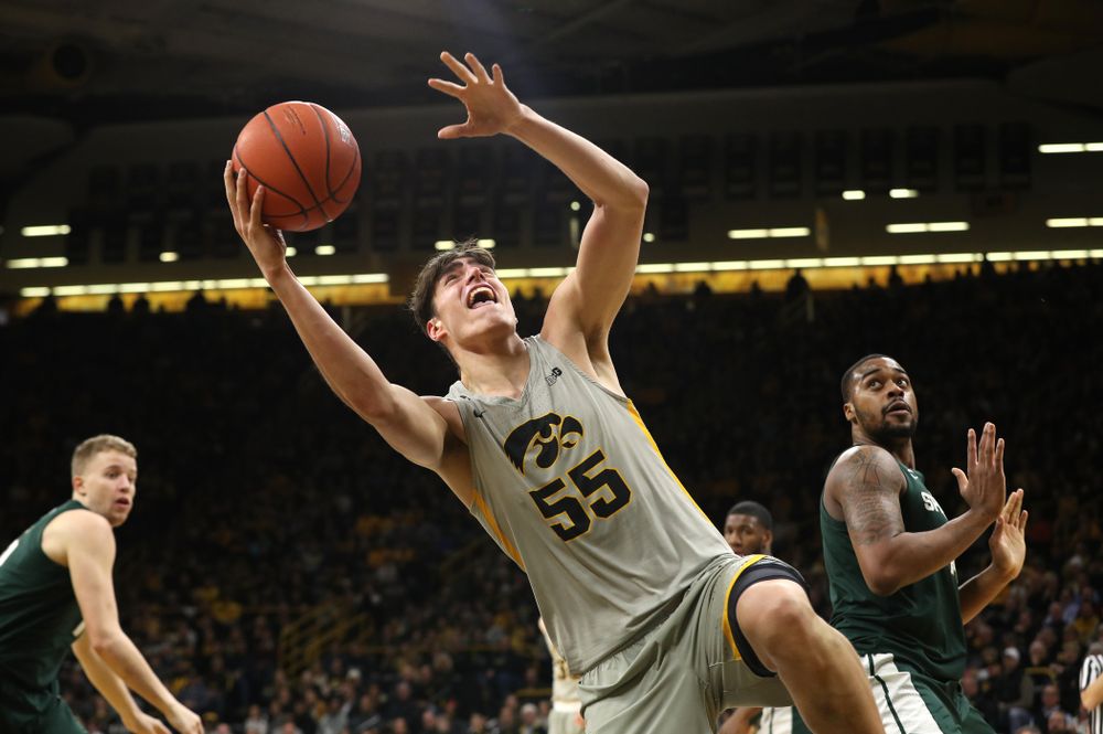 Iowa Hawkeyes forward Luka Garza (55) against the Michigan State Spartans Thursday, January 24, 2019 at Carver-Hawkeye Arena. (Brian Ray/hawkeyesports.com)