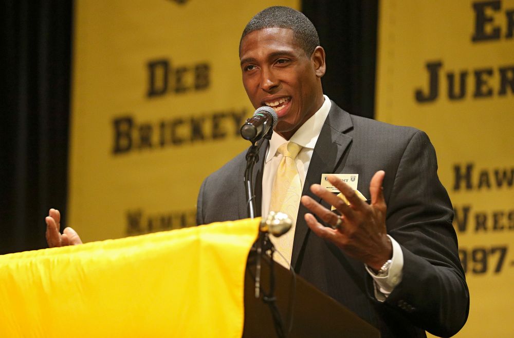 2019 University of Iowa Athletics Hall of Fame inductee Jeremy Allen speaks during the Hall of Fame Induction Ceremony at the Coralville Marriott Hotel and Conference Center in Coralville on Friday, Aug 30, 2019. (Stephen Mally/hawkeyesports.com)