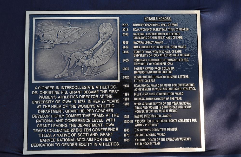 A plaque honoring Dr. Christine Grant unveiledd as part of an alumni reunion Sunday, September 16, 2018 at Grant Field. (Brian Ray/hawkeyesports.com)