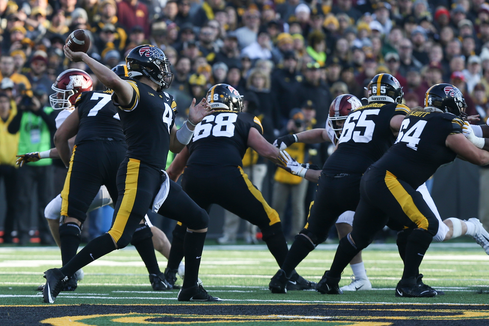 Iowa Hawkeyes quarterback Nate Stanley (4) during Iowa football vs Minnesota on Saturday, November 16, 2019 at Kinnick Stadium. (Lily Smith/hawkeyesports.com)