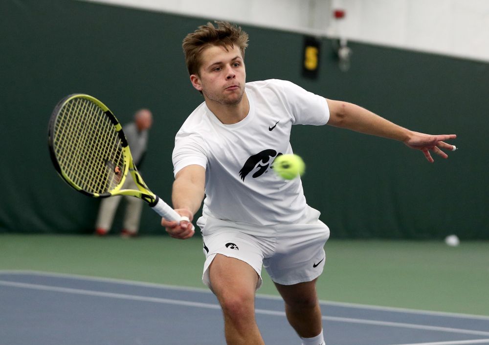 Iowa’s Will Davies and Oliver Okonkwo play a doubles match against Cornell Sunday, March 8, 2020 at the Hawkeye Tennis and Recreation Center. (Brian Ray/hawkeyesports.com)