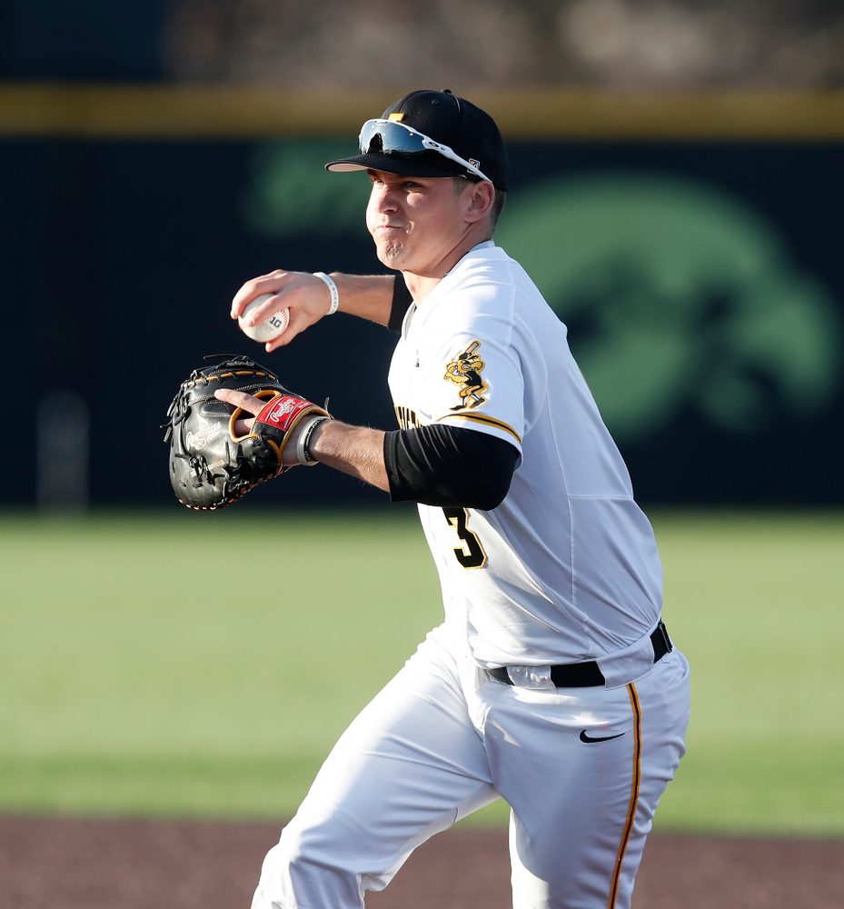 Iowa Hawkeyes infielder Matt Hoeg (3) against Northern Illinois Tuesday, April 17, 2018 at Duane Banks Field. (Brian Ray/hawkeyesports.com)
