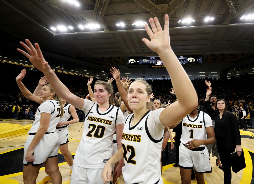 Iowa Hawkeyes guard Kate Martin (20) and guard Kathleen Doyle (22) against Penn State Saturday, February 22, 2020 at Carver-Hawkeye Arena. (Brian Ray/hawkeyesports.com)