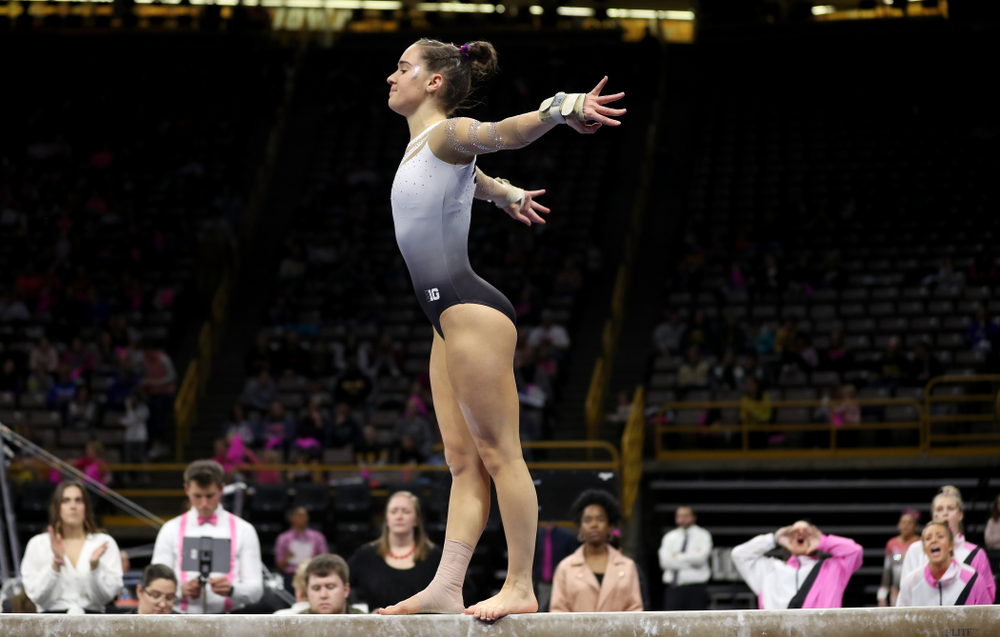 IowaÕs Allie Gilchrist competes on the beam against Ball State and Air Force Saturday, January 11, 2020 at Carver-Hawkeye Arena. (Brian Ray/hawkeyesports.com)