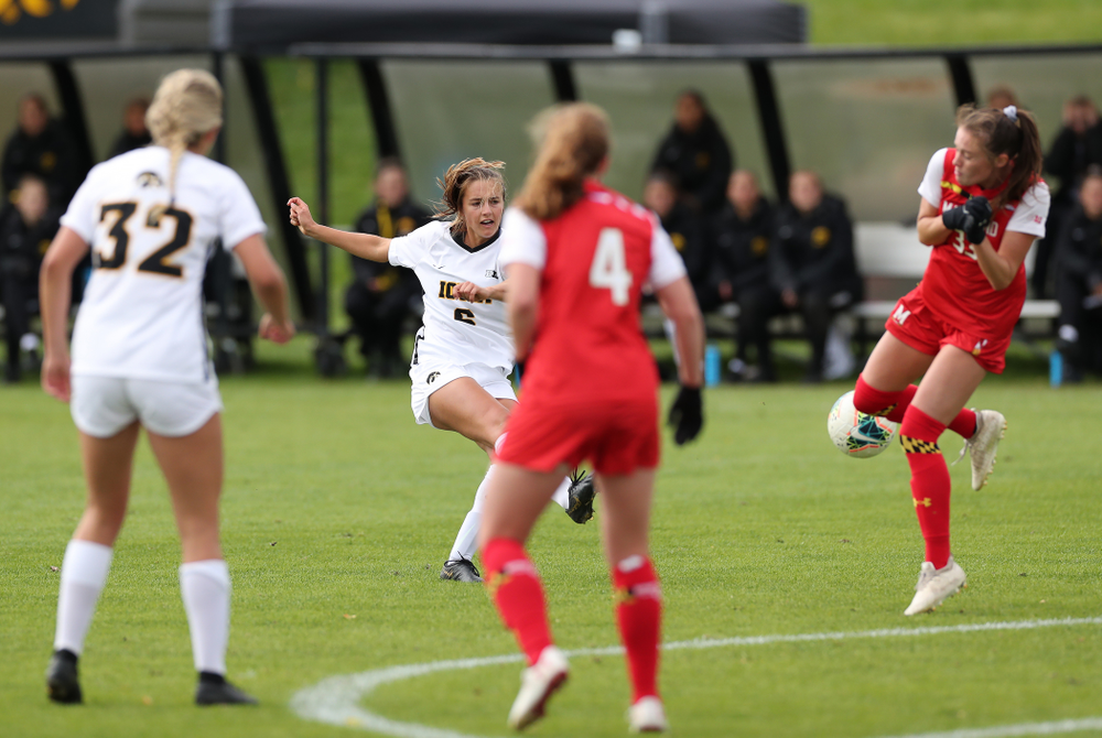 Iowa Hawkeyes midfielder Isabella Blackman (6) scores against the Maryland Terrapins Sunday, October 13, 2019 on senior day. (Brian Ray/hawkeyesports.com)