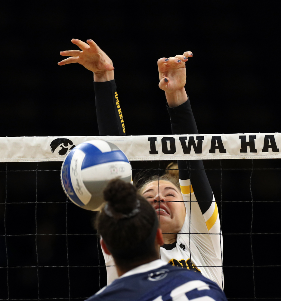 Iowa Hawkeyes middle blocker Blythe Rients (11) against Penn State Friday, November 1, 2019 at Carver Hawkeye Arena. (Brian Ray/hawkeyesports.com)